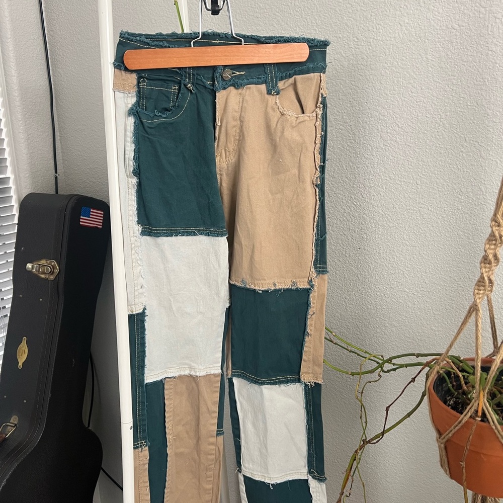 Patchwork Jeans in Green, Tan, and White
